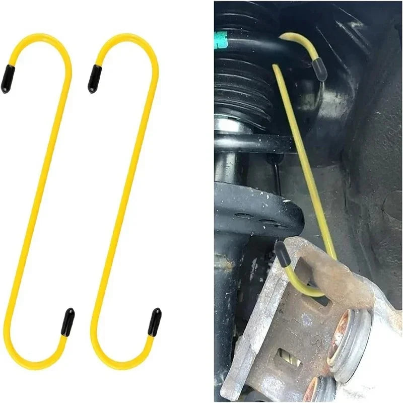 Brake Caliper Hook - Yellow flexible brake caliper support hooks with rubber tips, pair shown on white background | Wrench Haus