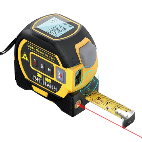3-in-1 Laser Rangefinder Digital Tape Measure - Yellow and black unit with steel tape extended and red laser beam active | Wrench Haus