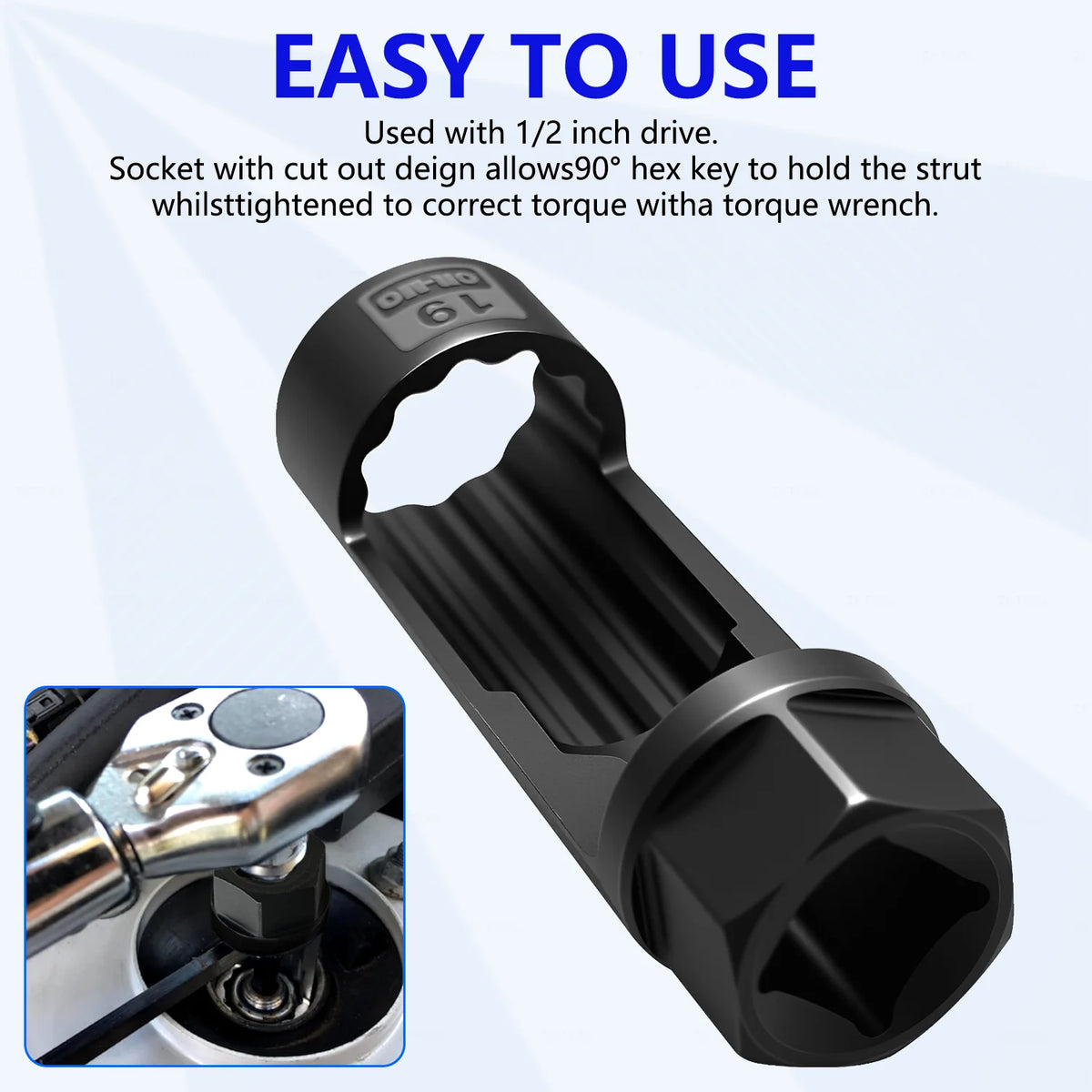 Strut nut sleeve with side cut-out for a hex key, inset showing it on a strut with a torque wrench | Wrench Haus