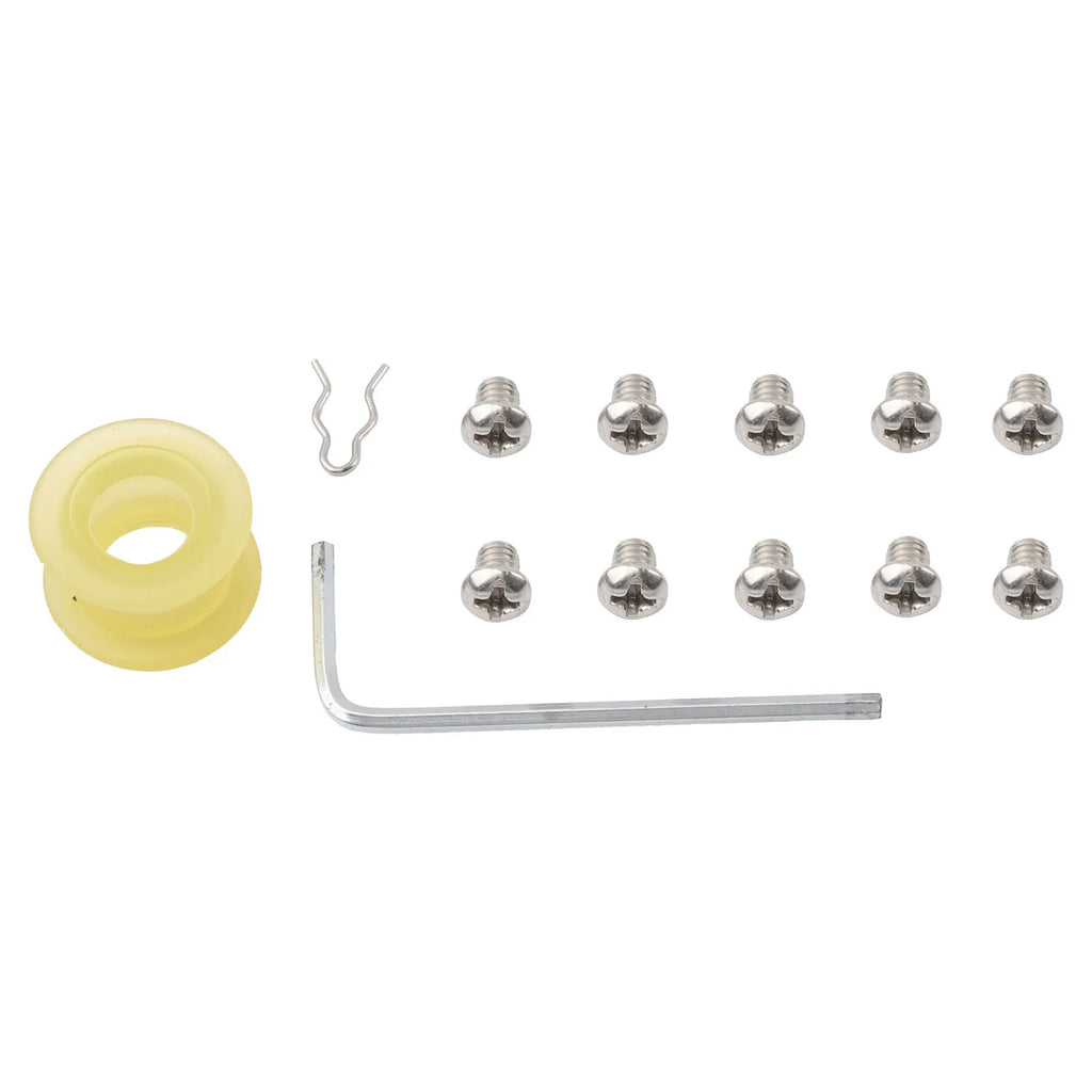 Short-throw quick-shift kit hardware: yellow shift bushing, screws, retaining clip and hex key | Wrench Haus