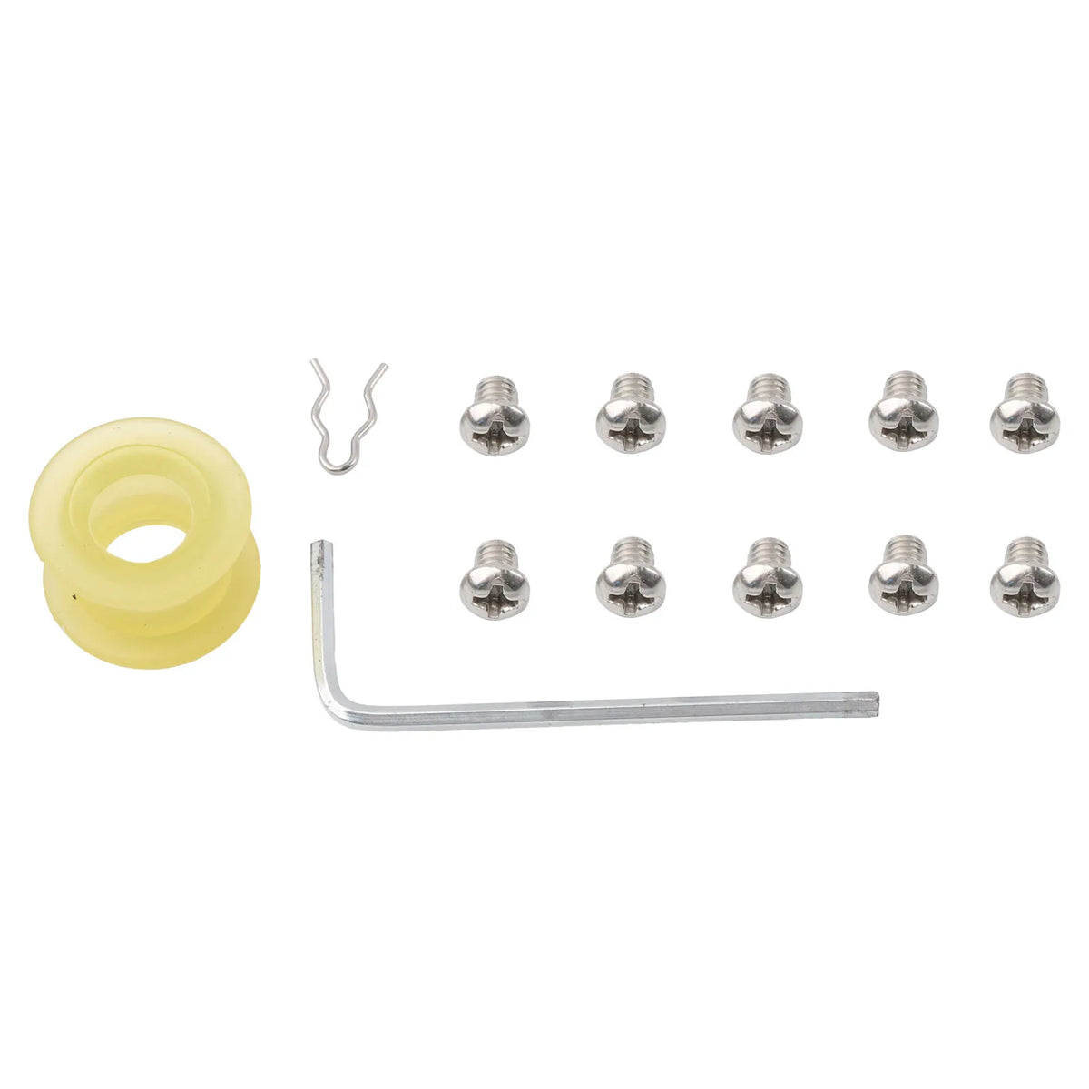 Short-throw quick-shift kit hardware: yellow shift bushing, screws, retaining clip and hex key | Wrench Haus