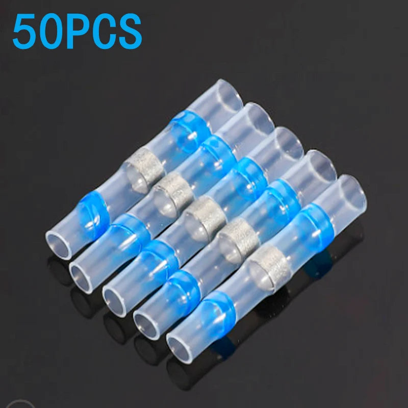  IP67 Waterproof Heat Shrink Wire Connector Terminals - 50-piece assorted heat shrink terminal bag showing quantity breakdown by wire gauge size | Wrench Haus