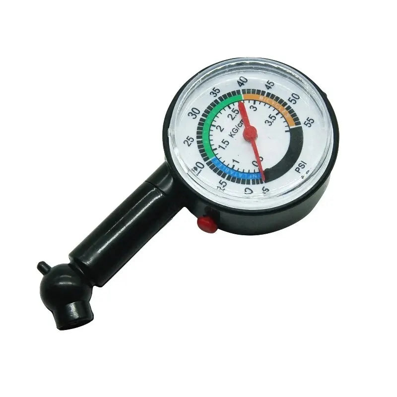 Analog Tire Pressure Gauge - Front view of color-coded dial face showing PSI and BAR pressure scale with red needle indicator | Wrench Haus