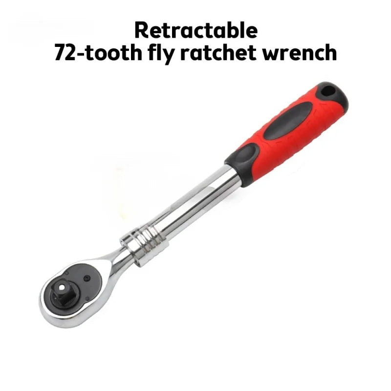 Quick-Release Retractable Ratchet Wrench Set - "Retractable 72-Tooth Fly Ratchet Wrench" angled view showing ratchet head and red grip handle | Wrench Haus