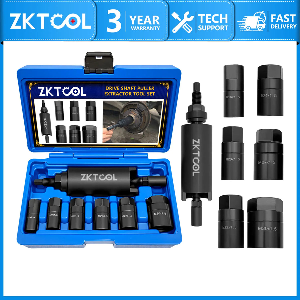 7-piece drive shaft puller kit in blue case with long puller and six adapters shown beside it | Wrench Haus