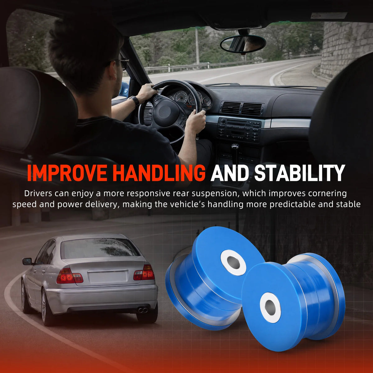 Pair of blue 95A polyurethane rear trailing arm bushings with a driver at the wheel and a silver BMW sedan | Wrench Haus