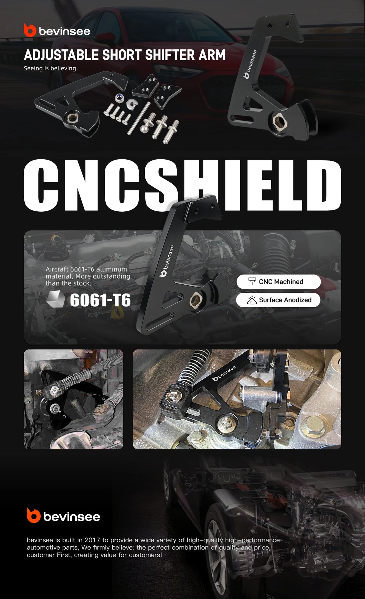 Short shifter arm infographic with 6061-T6 material callout and installed close-ups | Wrench Haus