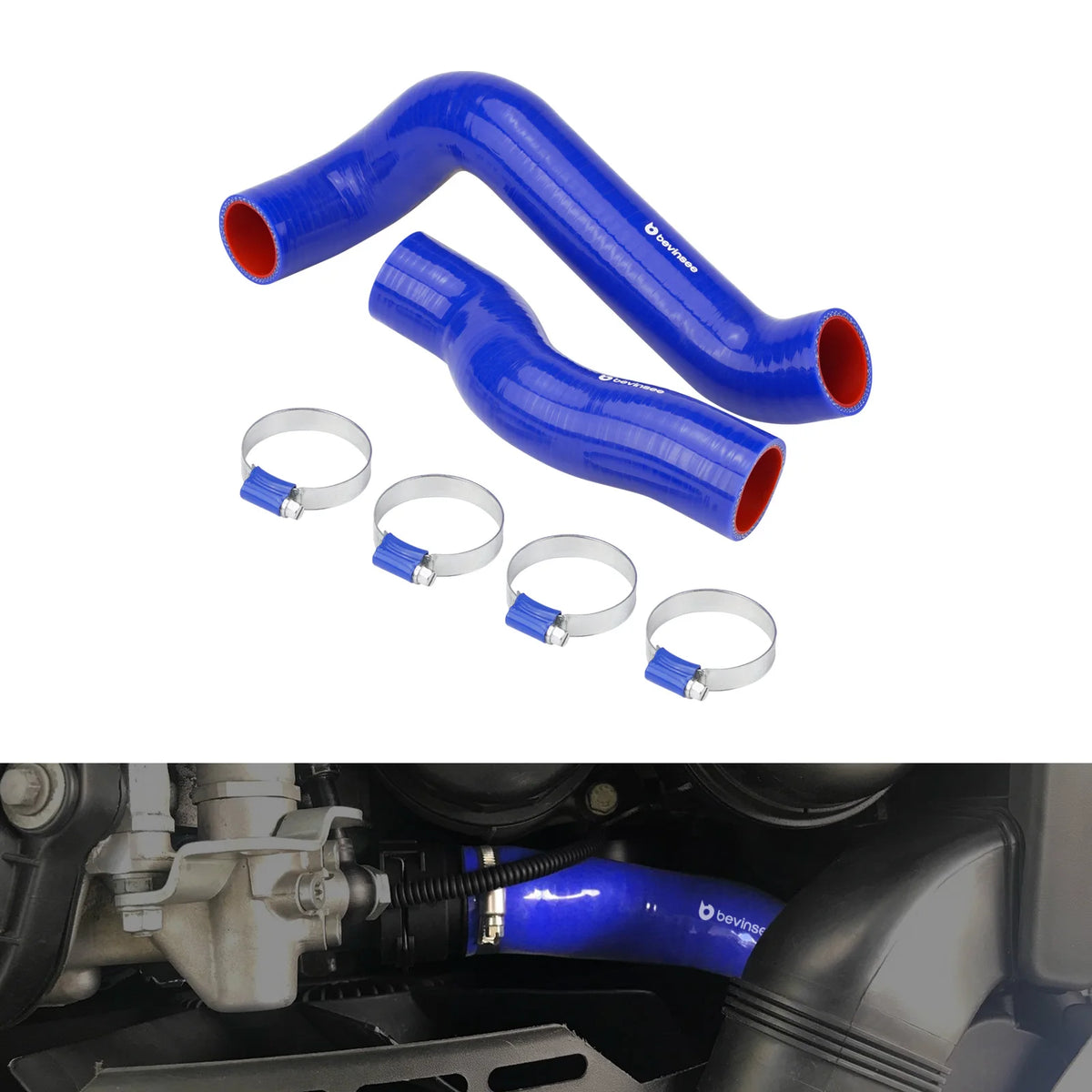 Silicone radiator hose kit, blue upper and lower hoses with four clamps, installed | Wrench Haus