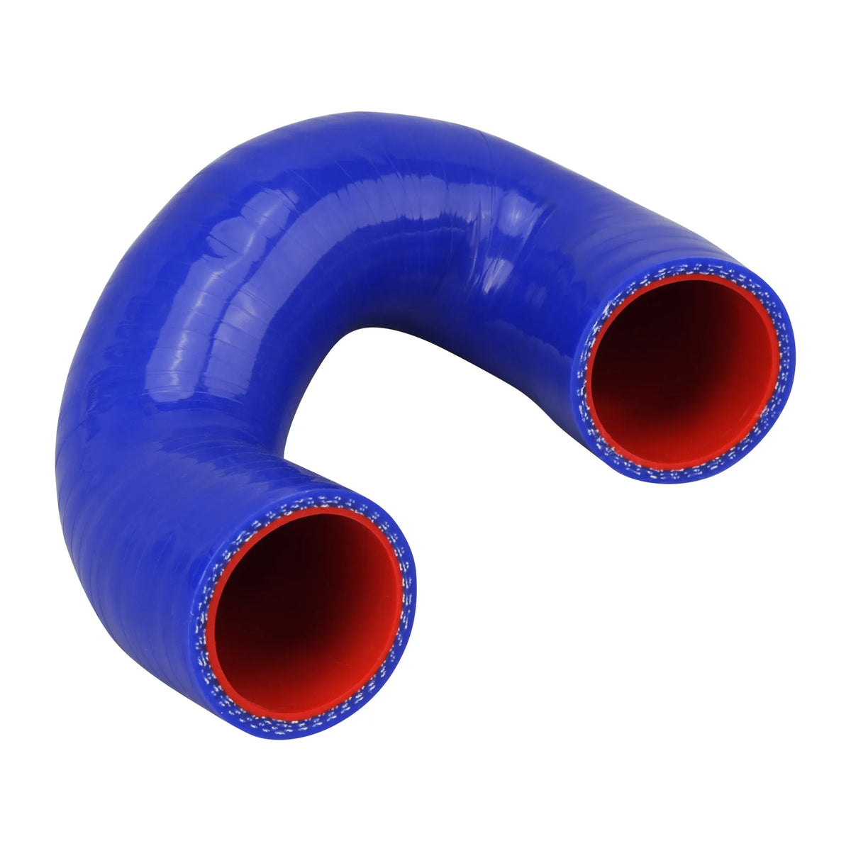 Silicone thermostat to water pump hose, blue U-shape with red lined ends | Wrench Haus