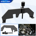 BMW N62/N73 camshaft lock plate with adjusting screw, with insets showing it fitted on the engine | Wrench Haus