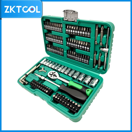 130-piece metric socket set in green case at an angle showing ratchet, sockets, extension and bits | Wrench Haus