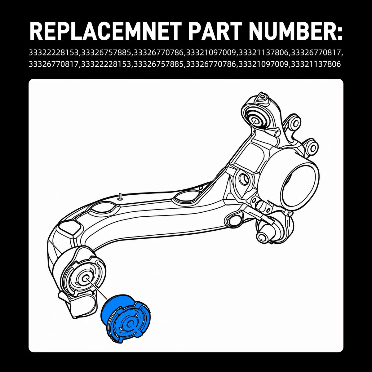 95A poly rear trailing arm bushing shown on a BMW trailing arm line drawing with OEM replacement part numbers listed | Wrench Haus