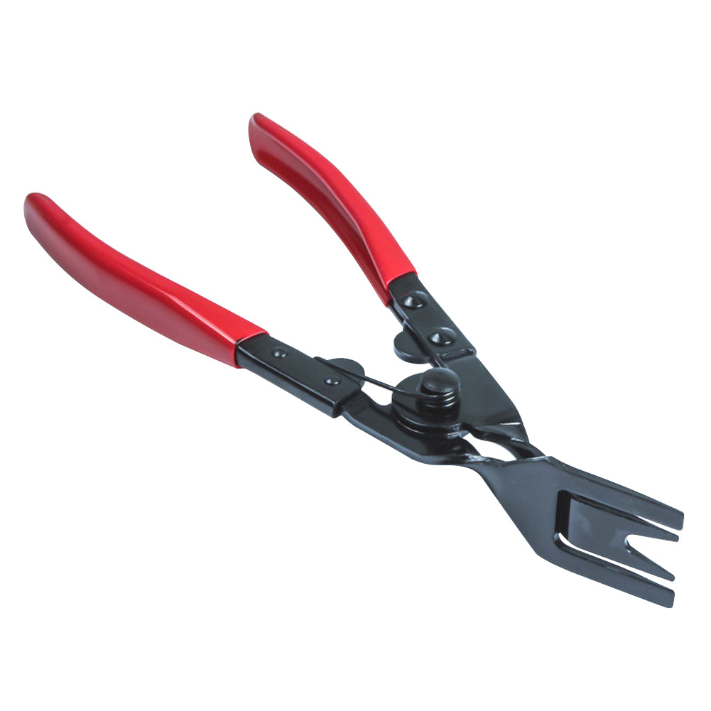 Red trim clip pliers opened at the pivot to show the return spring and jaw | Wrench Haus