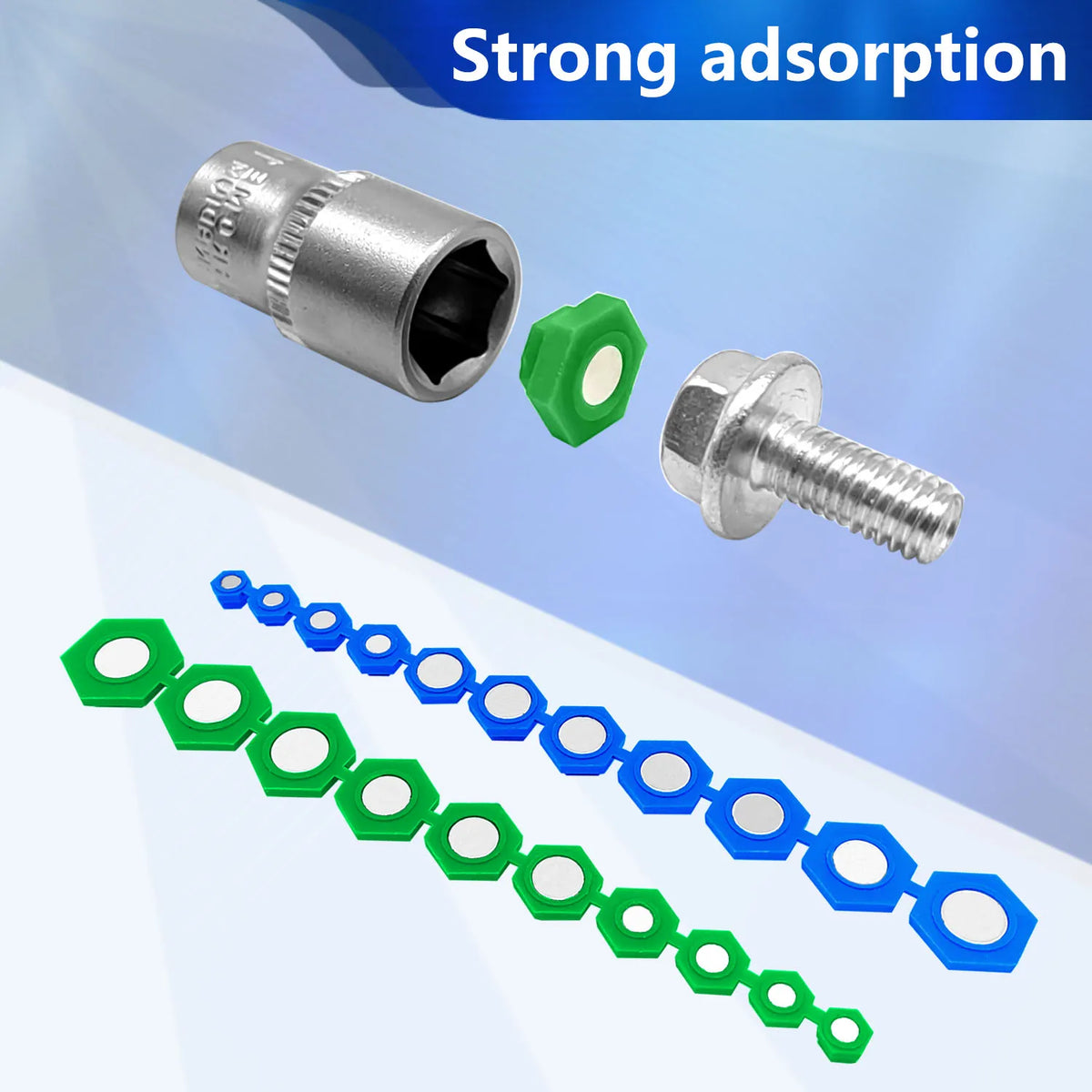 Green magnetic insert holding a bolt inside a socket, above both rows of the 21-piece insert kit | Wrench Haus
