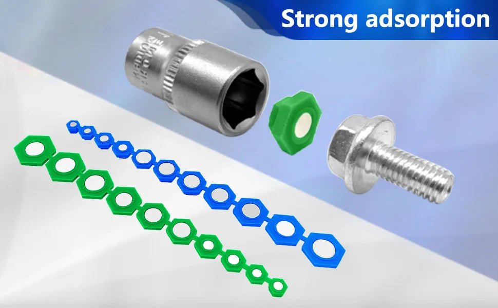 Socket and bolt held by a green magnetic insert, with SAE and metric insert rows angled below | Wrench Haus