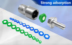 Socket and bolt held by a green magnetic insert, with SAE and metric insert rows angled below | Wrench Haus