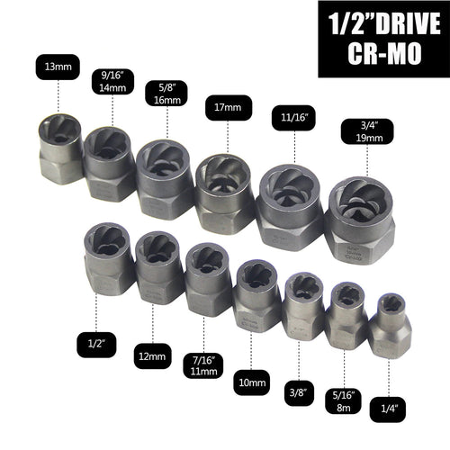 40-Piece Bolt & Screw Extractor Set Damaged Rusted Rounded Fastener Removal - "1/2" Drive CR-MO" infographic showing full range of bolt extractor sockets with size markings | Wrench Haus