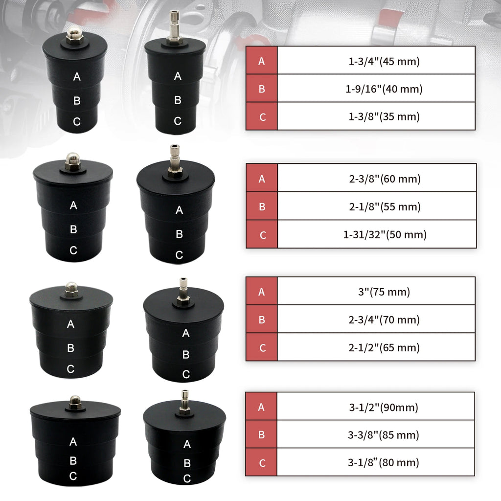 Turbo boost leak tester kit adapter size chart, 35mm to 90mm stepped plugs | Wrench Haus