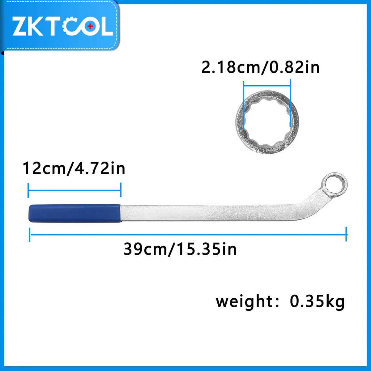 BMW idler belt wrench dimensions: 39 cm length, 12 cm grip, 2.18 cm ring, 0.35 kg weight | Wrench Haus