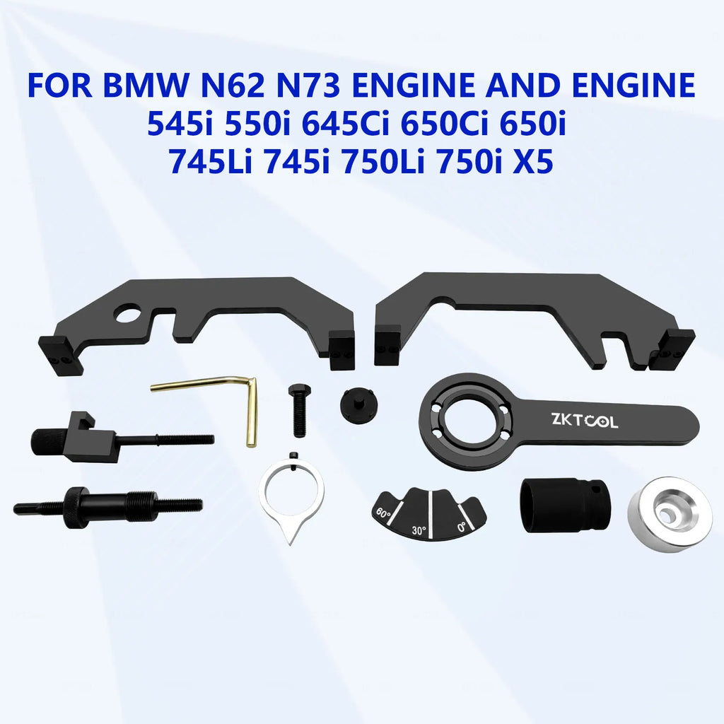 BMW N62/N73 camshaft locking tool pieces laid out under a banner of fits such as 545i, 650i, 750Li and X5 | Wrench Haus