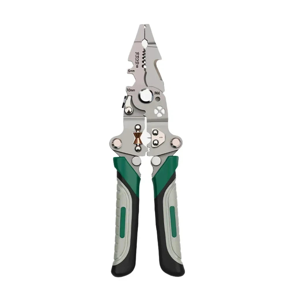 Foldable wire stripper and crimping tool for electricians and DIY wiring