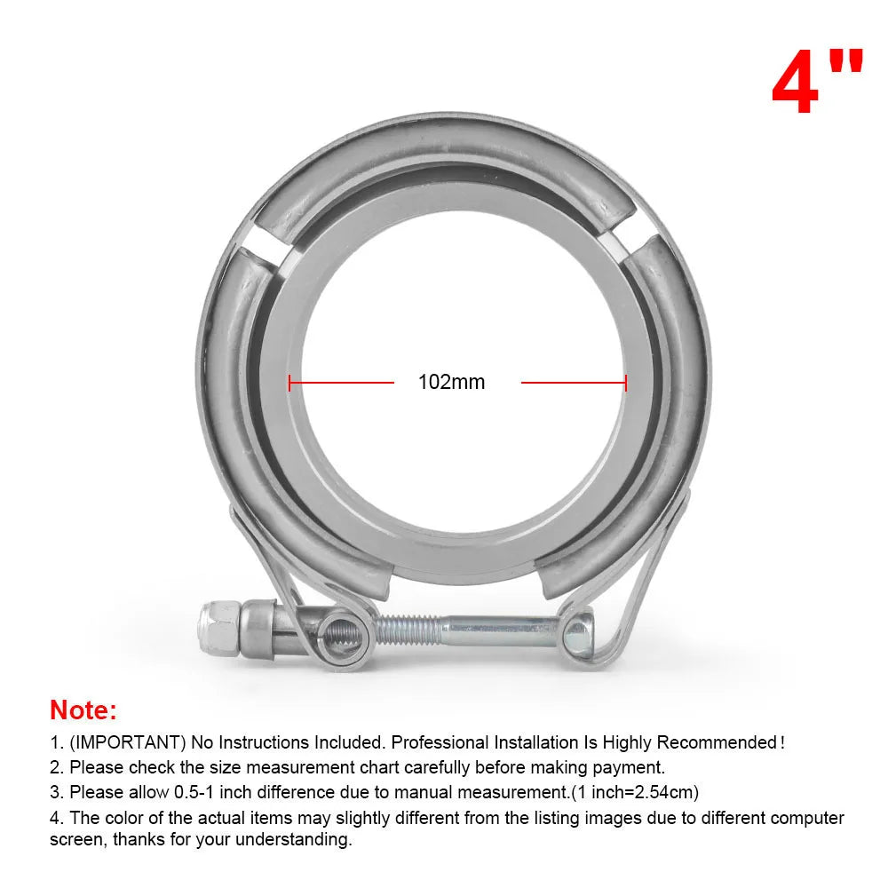 4 inch stainless V-band clamp front view with 102mm inner diameter marked | Wrench Haus