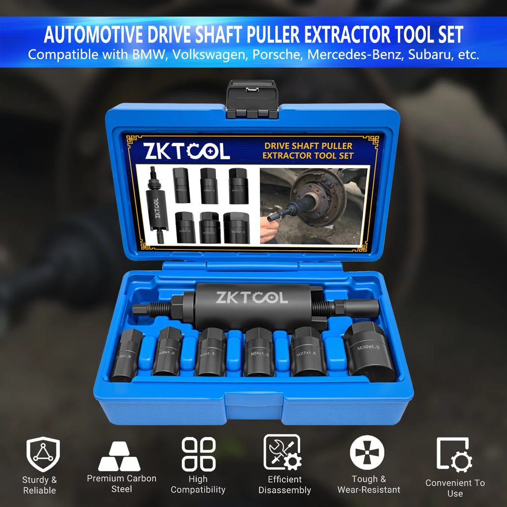 Drive shaft puller extractor set in closed-lid blue case with feature icons on a dark background | Wrench Haus