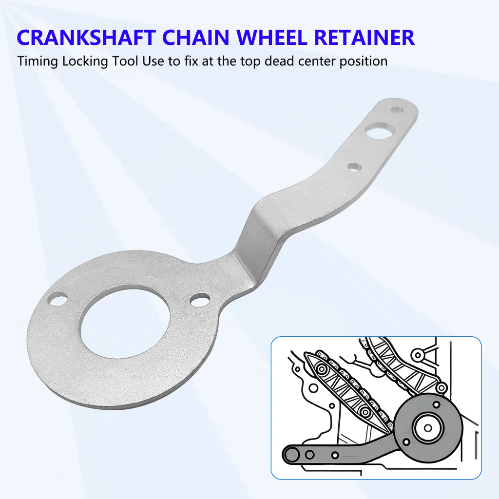Silver crankshaft chain wheel retainer from the BMW B37/B47 timing kit with installation diagram | Wrench Haus