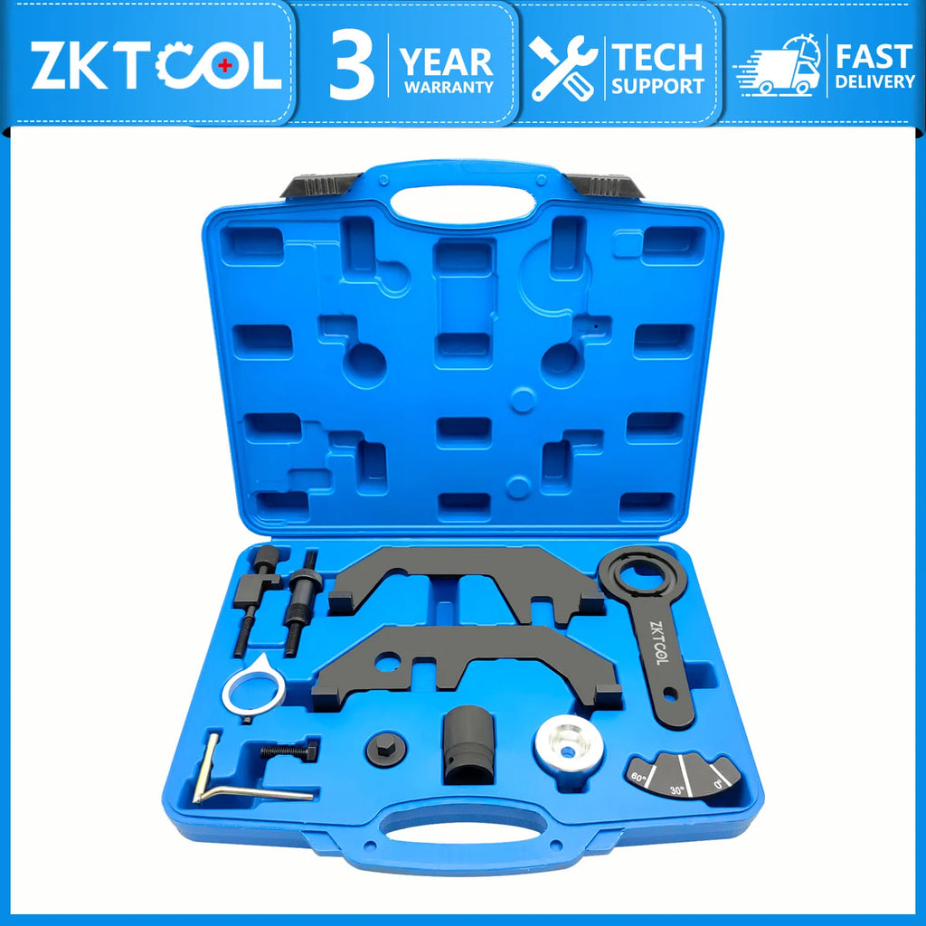 BMW N62/N73 camshaft locking tool kit in blue carry case with all pieces in fitted slots | Wrench Haus