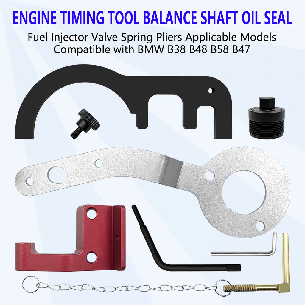 BMW B37/B47 timing chain tool kit contents laid out: retaining plates, red fixing pin, hex keys, chain | Wrench Haus