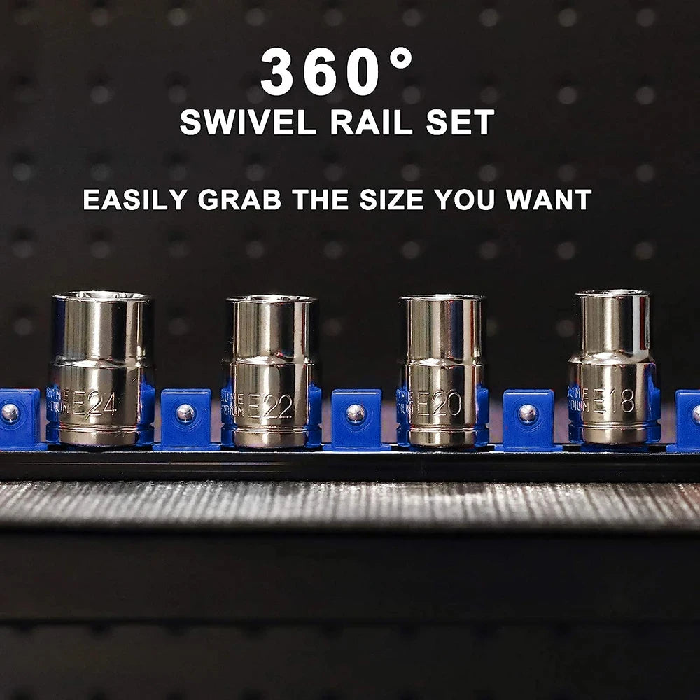 360° Swivel Socket Organizer Rail - Branded infographic showing easy socket access and swivel rail set overview | Wrench Haus