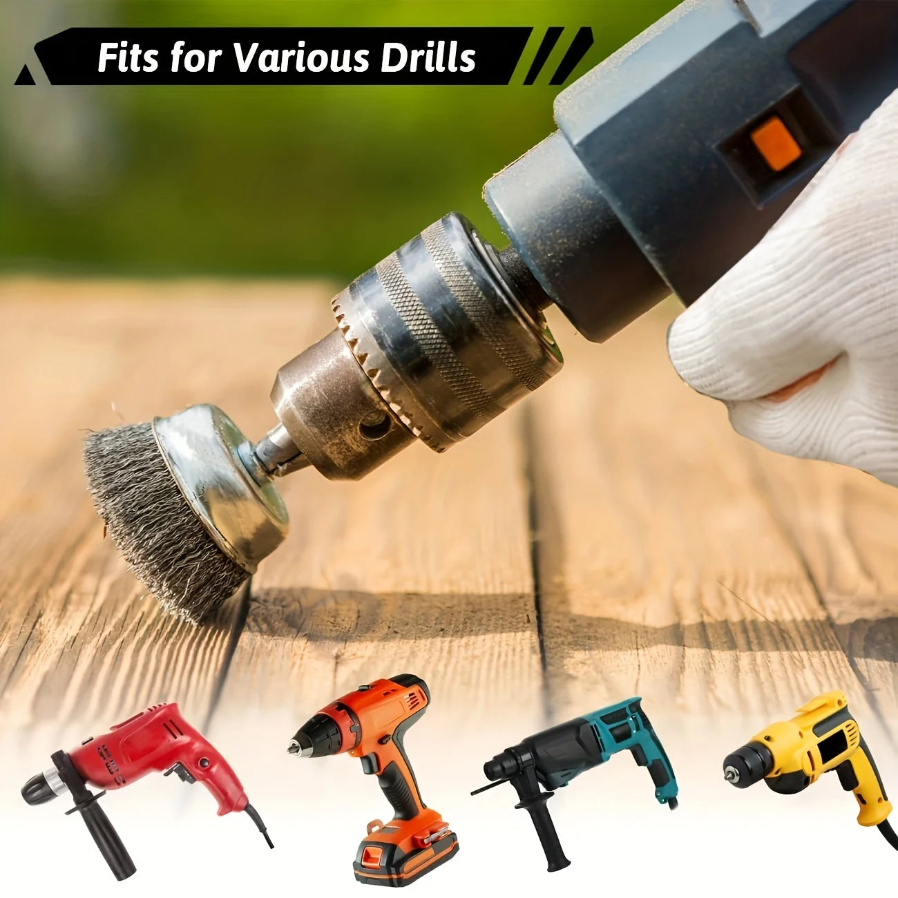 Wire Brush Wheel Set - Drill-mounted wire wheel brush in use on wood surface, fits various drills | Wrench Haus