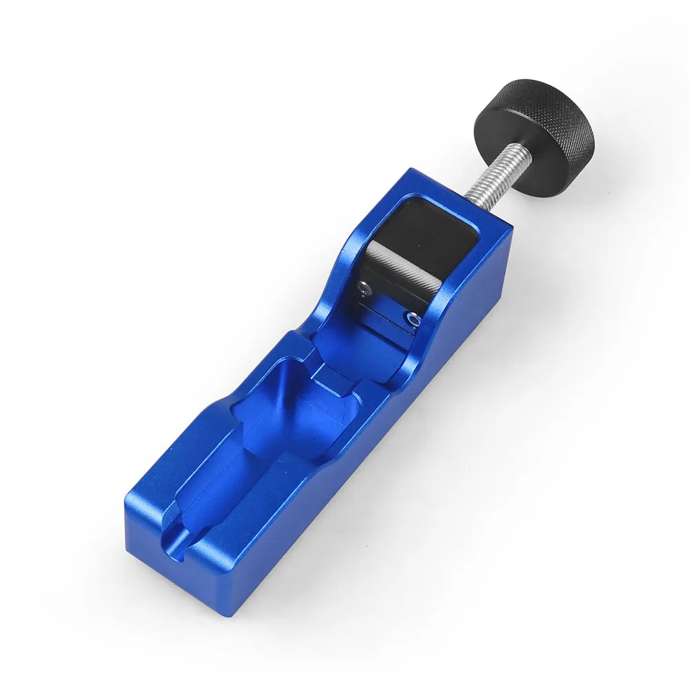 Blue billet aluminum spark plug gap tool alone, angled view showing the plug slot | Wrench Haus