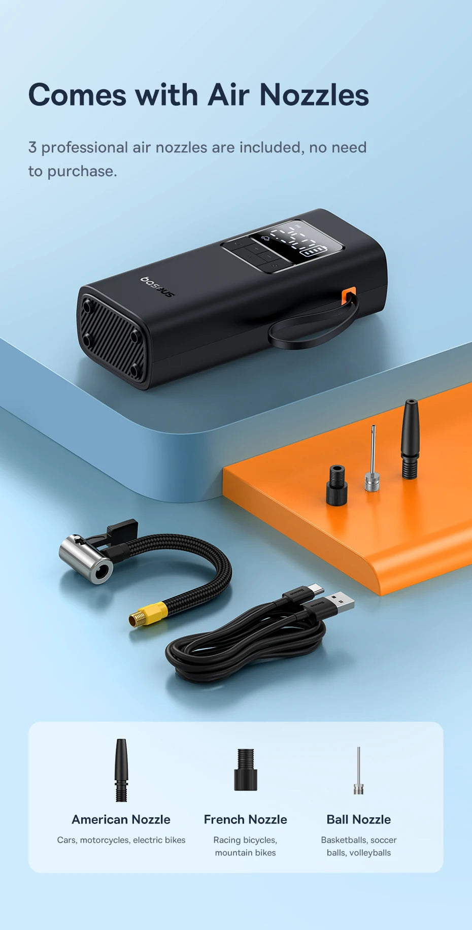 Baseus Portable Air Compressor - Flat lay of included accessories showing nozzle adapters, inflation needle, and USB-C charging cable | Wrench Haus
