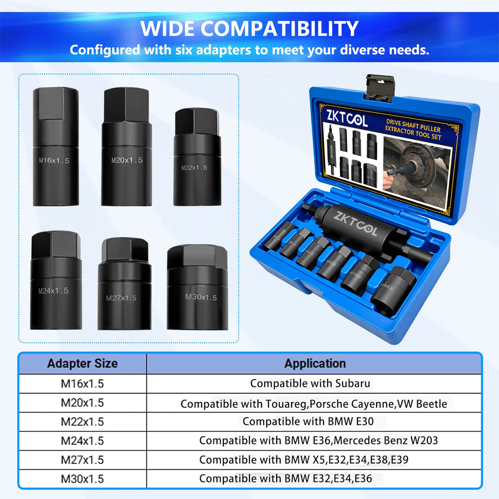 Six drive shaft puller adapters with an application table listing BMW, Porsche and VW fits by thread | Wrench Haus