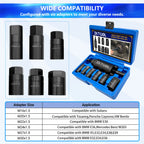 Six drive shaft puller adapters with an application table listing BMW, Porsche and VW fits by thread | Wrench Haus