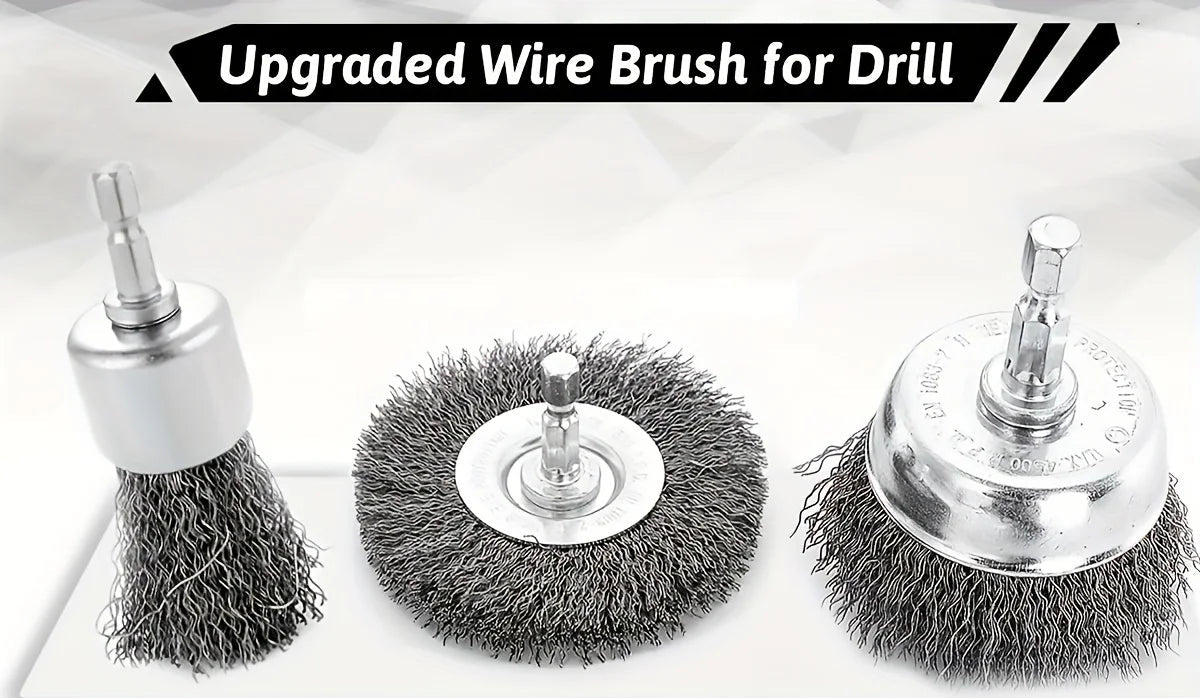 Wire Brush Wheel Set - Upgraded drill wire brush set promotional graphic showing cup and wheel brush styles | Wrench Haus
