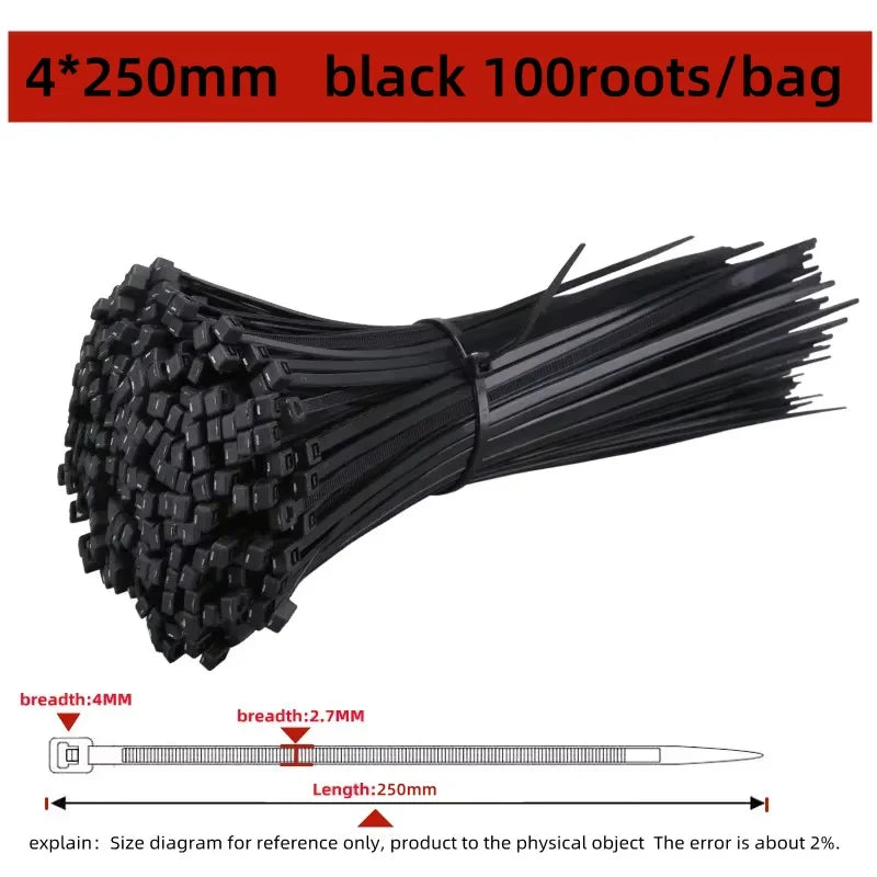 Black Nylon Zip Ties 4x250mm - Bundle of 100 black zip ties with 4mm width and 250mm length dimension callout | Wrench Haus