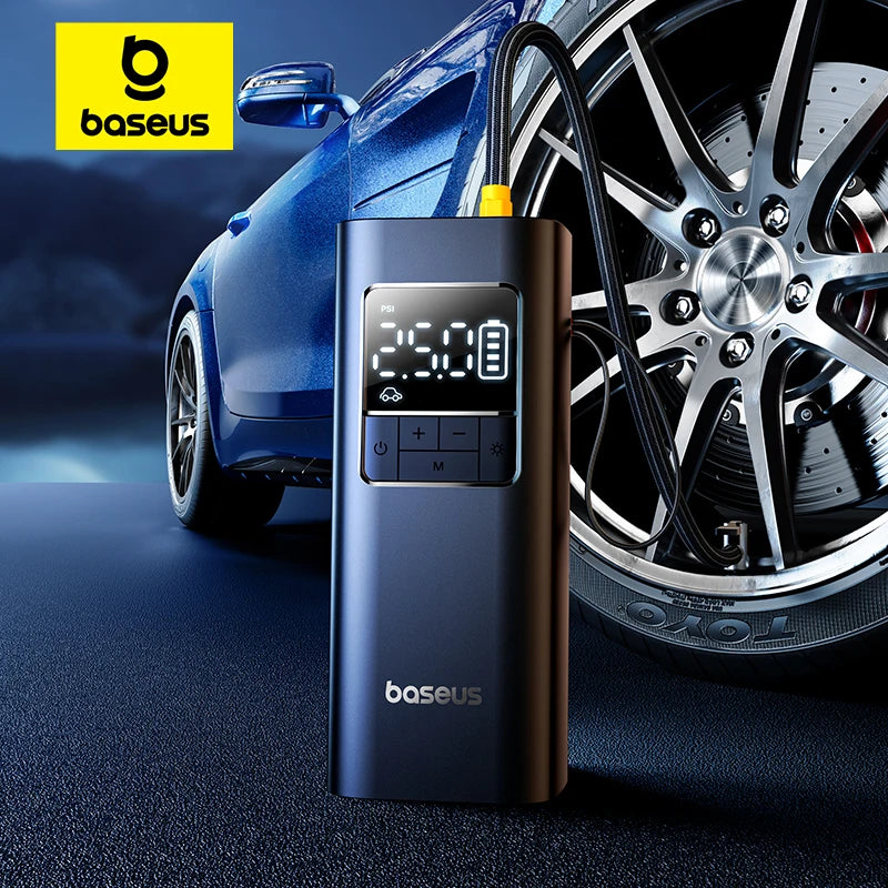 Baseus Portable Air Compressor - In-use lifestyle shot inflating car tire on alloy wheel at night with LCD display illuminated | Wrench Haus