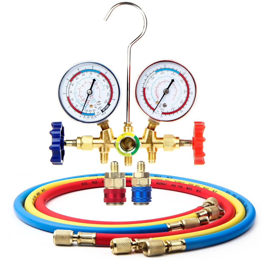 A/C manifold gauge set with hoses and red and blue R134a quick couplers | Wrench Haus