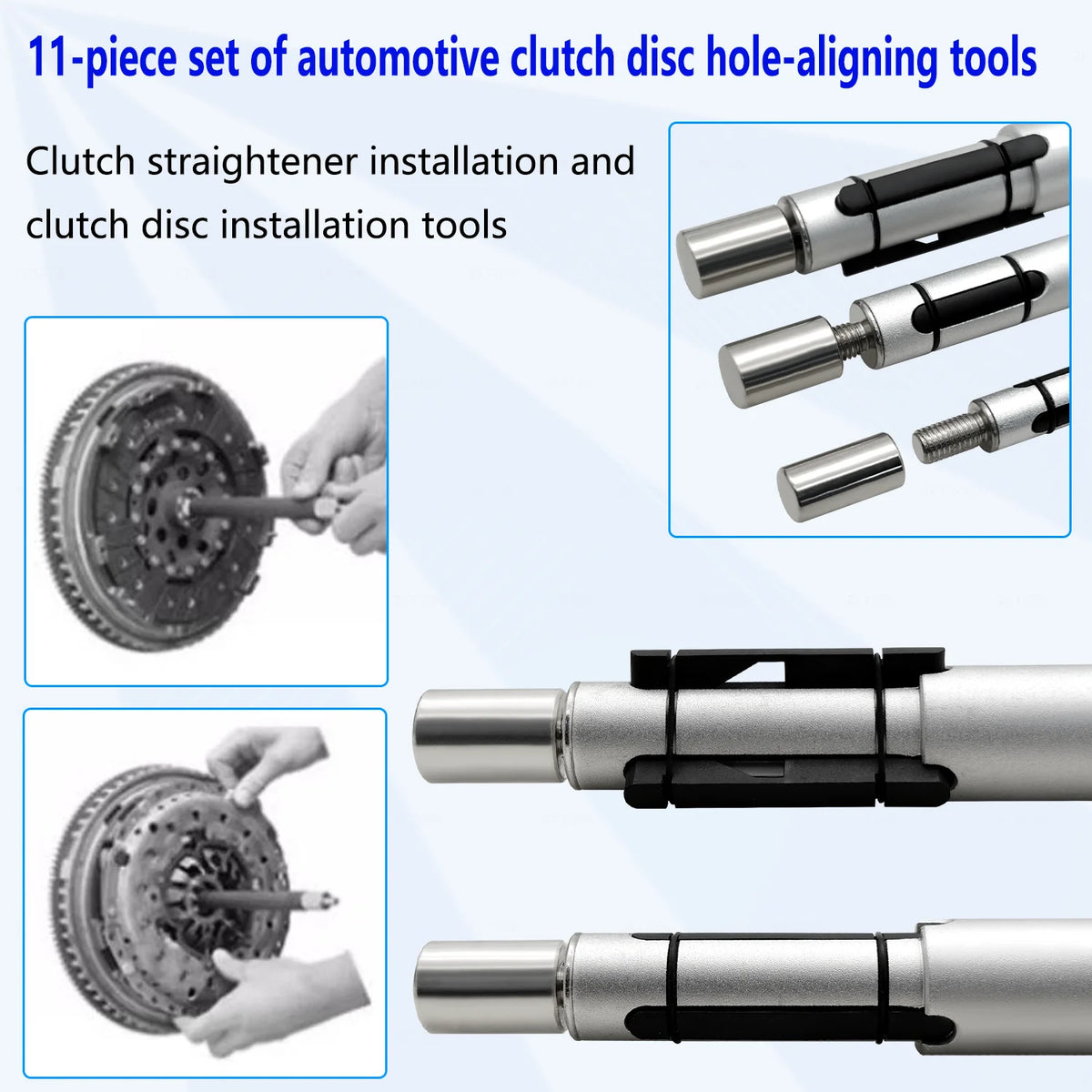 Clutch alignment tool mandrels shown in use on a clutch disc and flywheel, with close-up insets | Wrench Haus