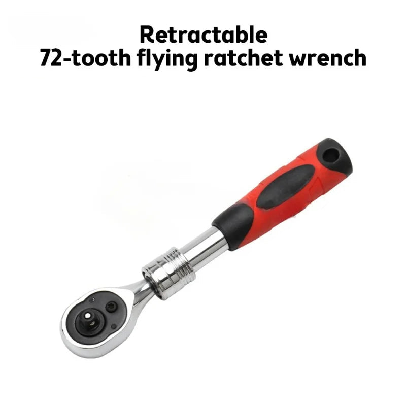 Quick-Release Retractable Ratchet Wrench Set - "Retractable 72-Tooth Flying Ratchet Wrench" product label graphic showing full wrench profile | Wrench Haus