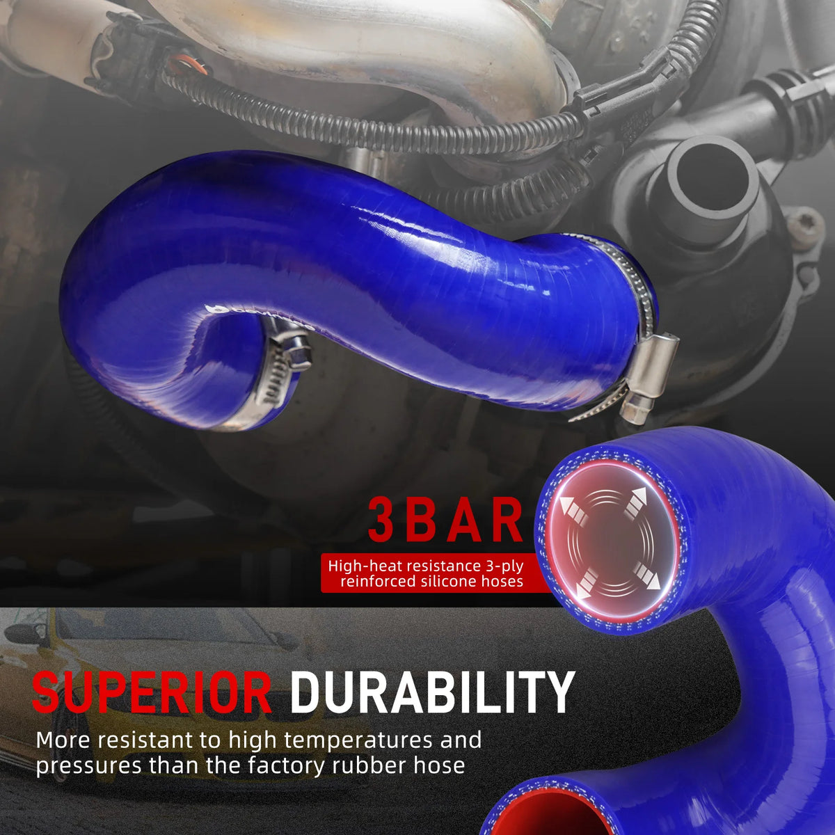 Silicone engine coolant hose for BMW E90 and E60 N52 detail view | Wrench Haus