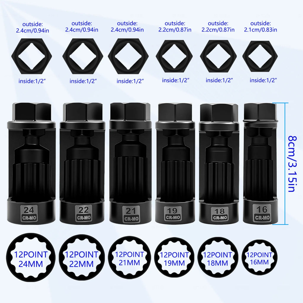 Strut nut sleeve set size chart with 12-point openings from 24 mm down and 1/2" drive measurements | Wrench Haus