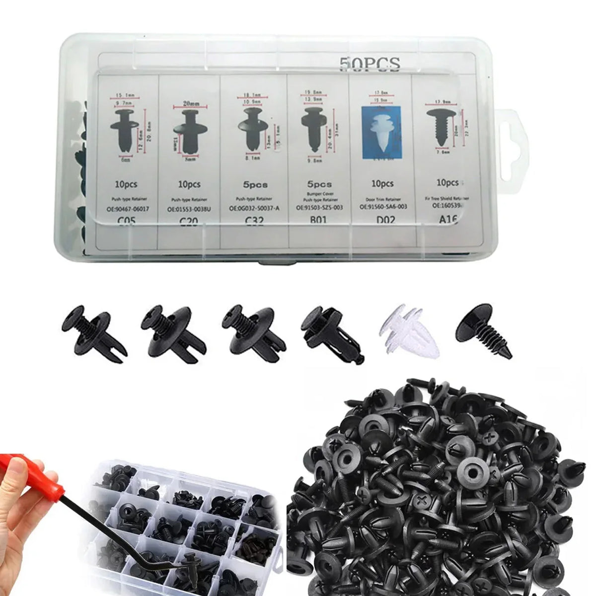 50-piece clip case lid chart, six clip styles and a pile of clips with pry tool | Wrench Haus