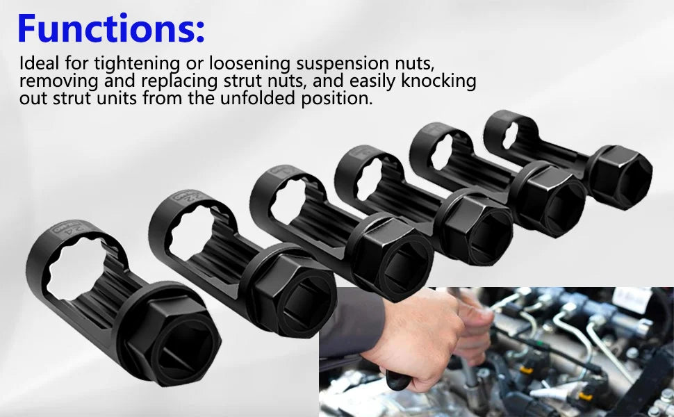 Strut nut sleeves on their sides showing 12-point ends, with inset of a strut nut being removed | Wrench Haus