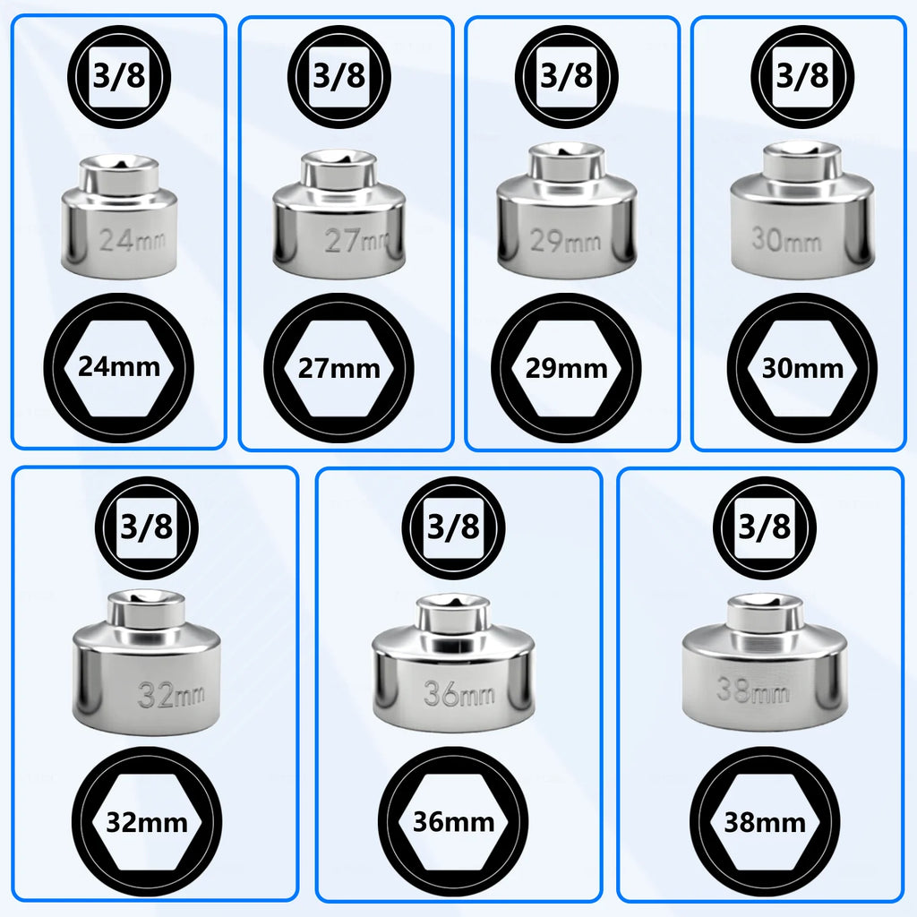 Individual views of each 3/8" drive oil filter cap socket: 24, 27, 29, 30, 32, 36 and 38 mm | Wrench Haus