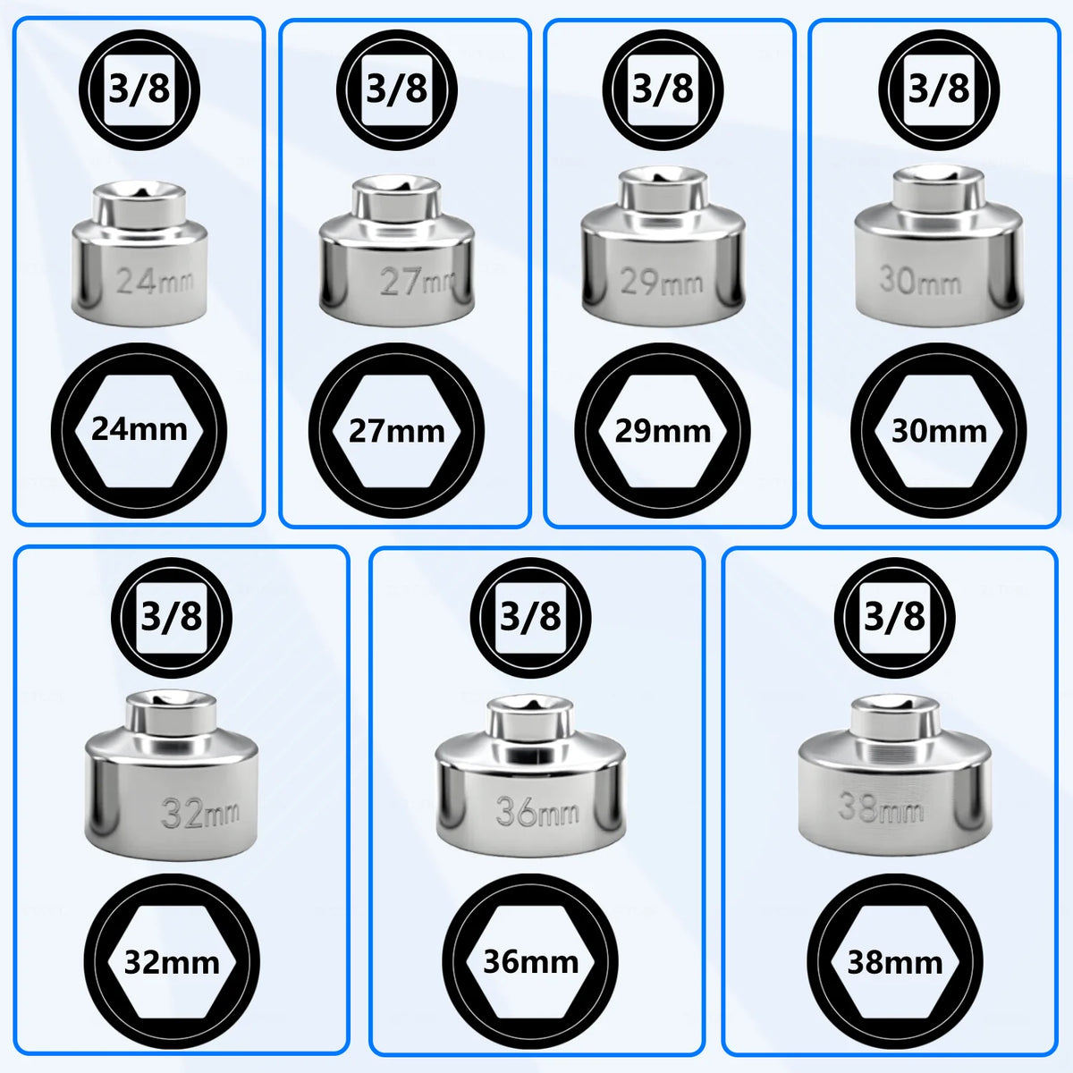 Individual views of each 3/8" drive oil filter cap socket: 24, 27, 29, 30, 32, 36 and 38 mm | Wrench Haus