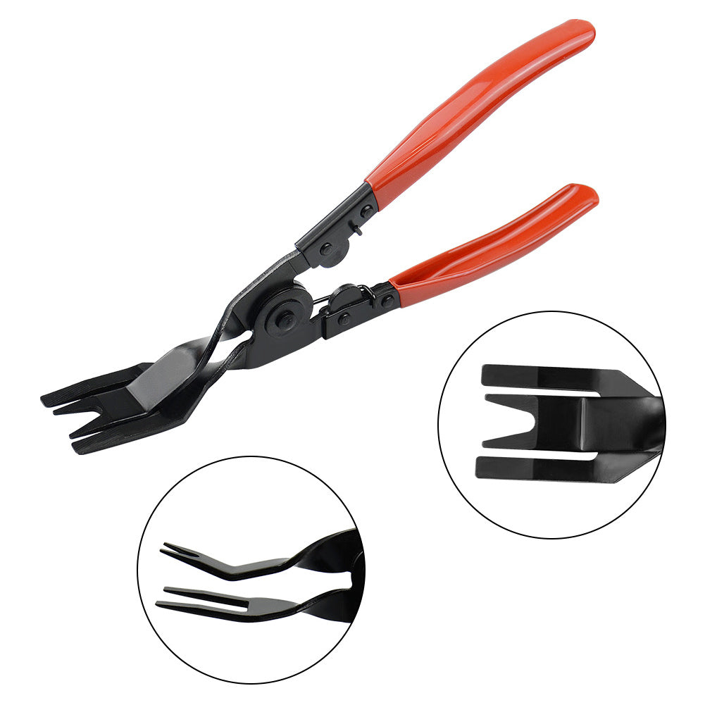Red trim clip pliers with close-up insets of the angled forked jaw tips | Wrench Haus