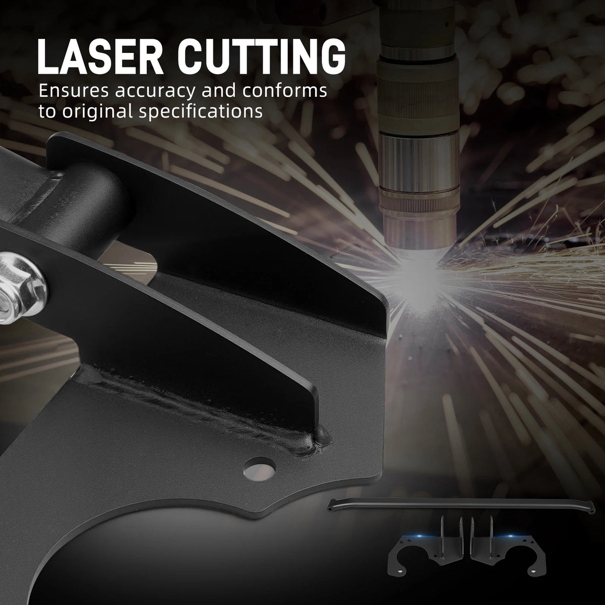 Front strut tower brace bracket shown during laser cutting with sparks | Wrench Haus